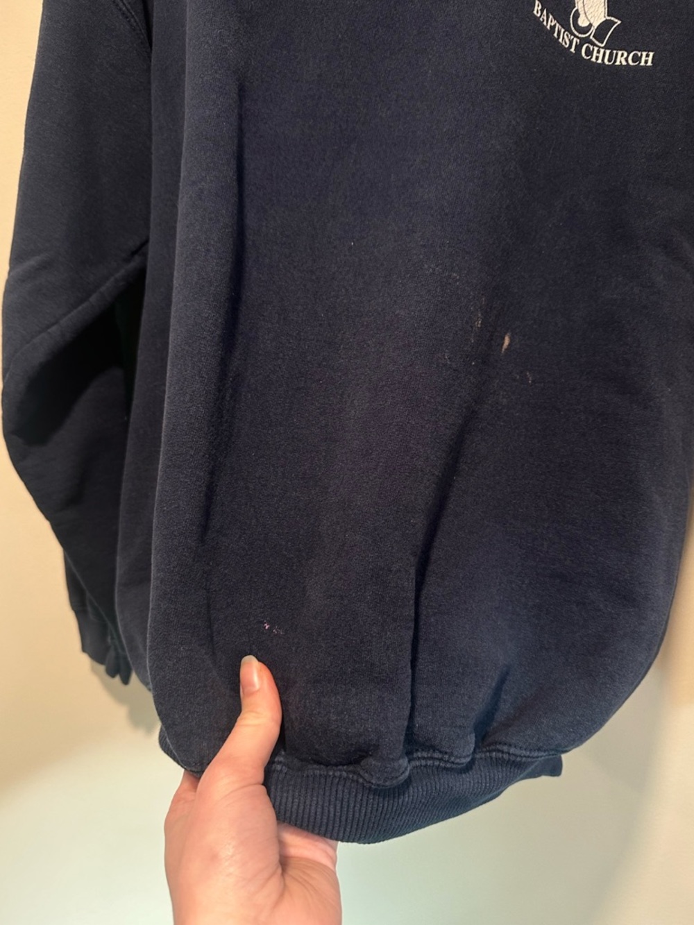 Vintage 90s Navy Crewneck Sweatshirt with Little Falls Baptist Church Logo - Picture 7 of 14
